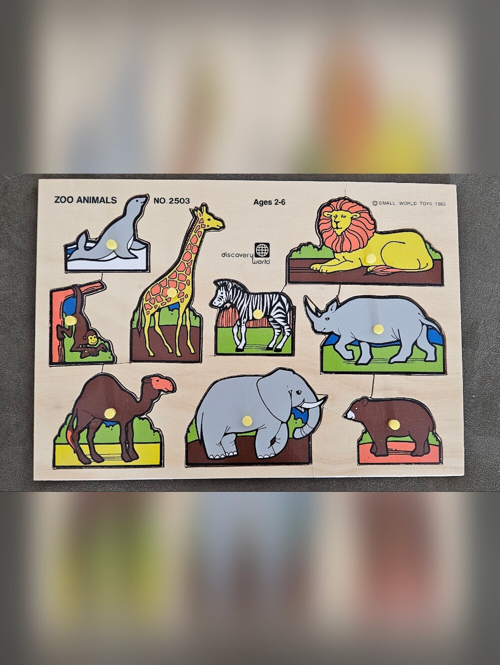 ​Vintage 1983 Small World Toys Zoo Animals Wood Peg Puzzle Retro Kids